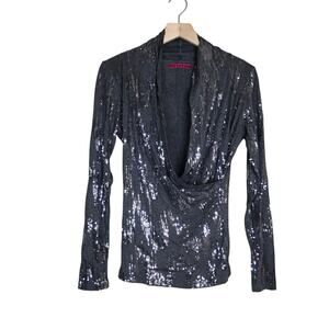 Velvet by Graham & Spencer Womens M Gray Sequin Drape Front Sweater